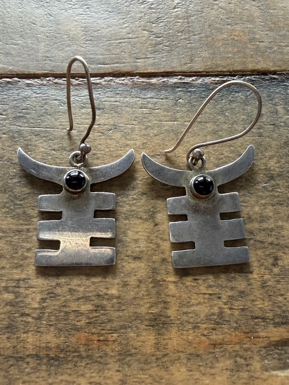 Vintage Sterling Silver Onyx Handmade Artisan Mexico 925 Dangle Drop Earrings